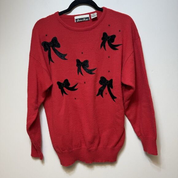 Vintage 80s Dana Scott Sweater Red Black Bows  Womens M Beaded Accents - Picture 2 of 5